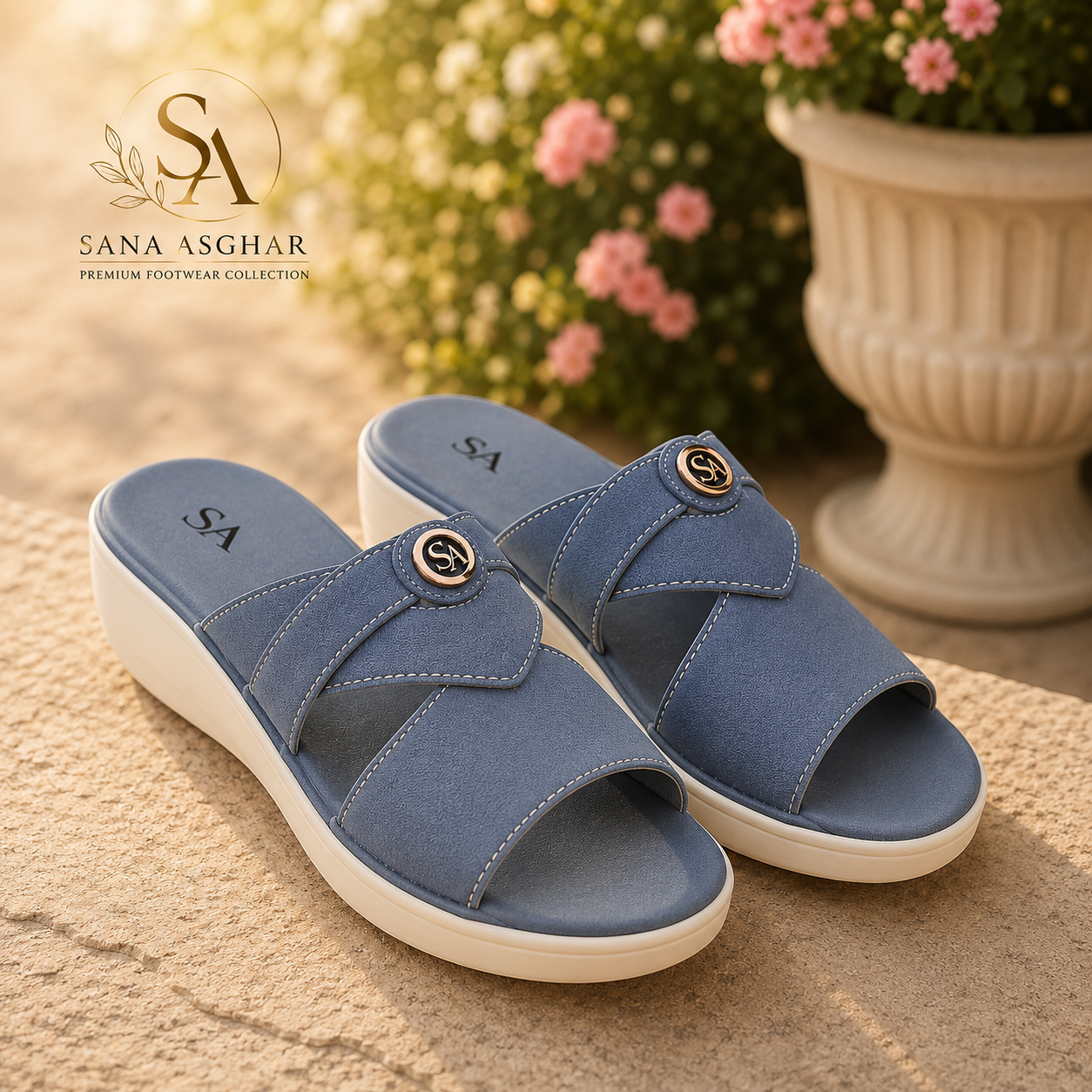 Women's Blue Comfort Wedge Slides