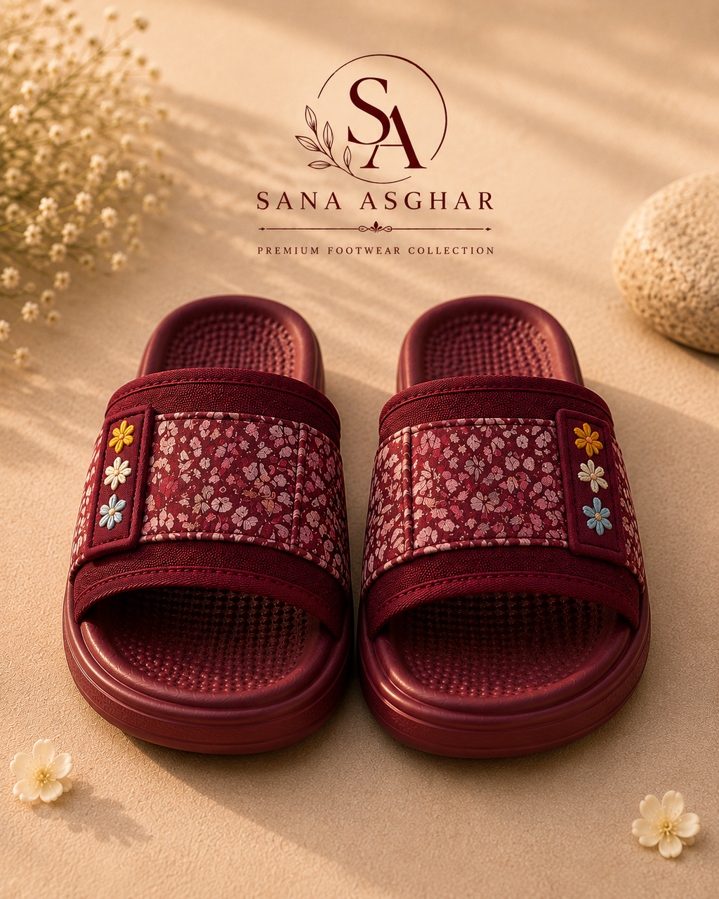 Women's Burgundy Floral Slides | Casual Slippers for Girls Pakistan | SANA ASGHAR