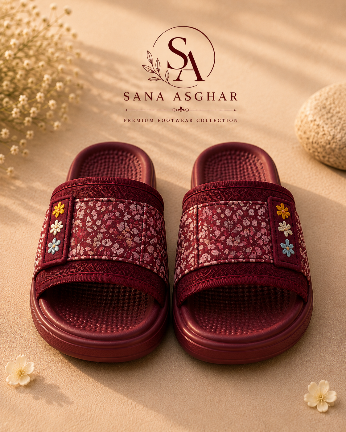 Women's Burgundy Floral Slides | Casual Slippers for Girls Pakistan | SANA ASGHAR