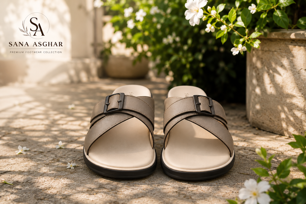 Women's Taupe Cross-Buckle Comfort Slides | Casual Sandals for Women Pakistan | SANA ASGHAR