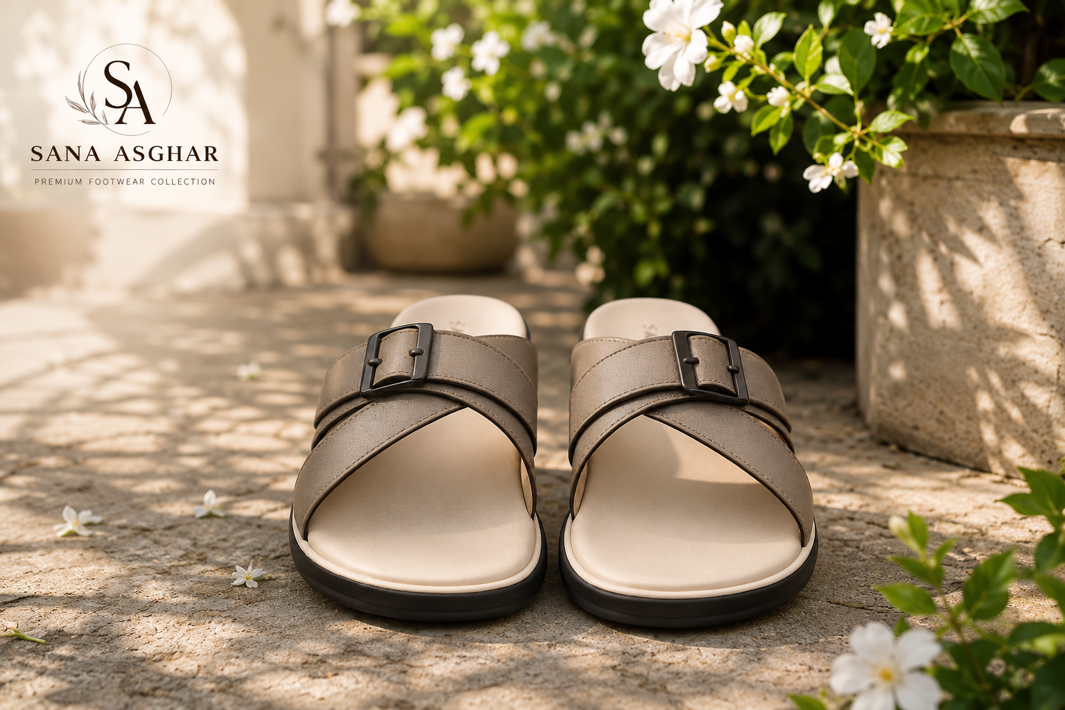 Women's Taupe Cross-Buckle Comfort Slides | Casual Sandals for Women Pakistan | SANA ASGHAR