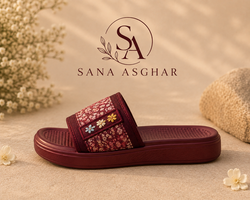 Women's Burgundy Floral Slides | Casual Slippers for Girls Pakistan | SANA ASGHAR