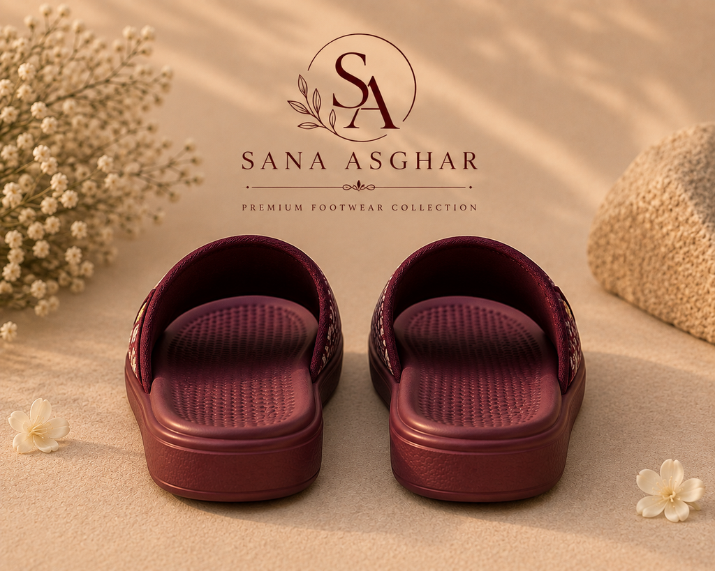 Women's Burgundy Floral Slides | Casual Slippers for Girls Pakistan | SANA ASGHAR