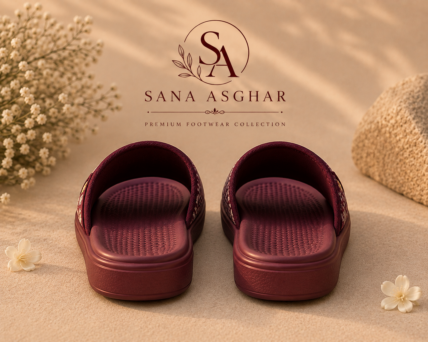 Women's Burgundy Floral Slides | Casual Slippers for Girls Pakistan | SANA ASGHAR