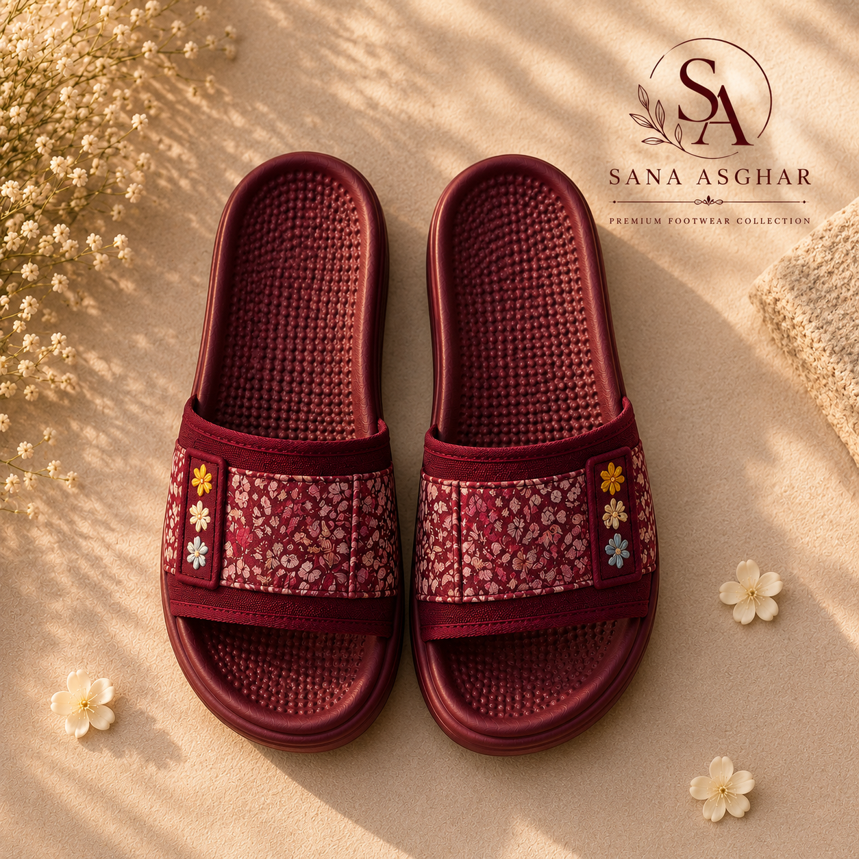 Women's Burgundy Floral Slides | Casual Slippers for Girls Pakistan | SANA ASGHAR