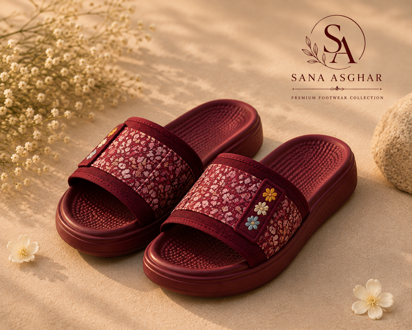 Women's Burgundy Floral Slides | Casual Slippers for Girls Pakistan | SANA ASGHAR