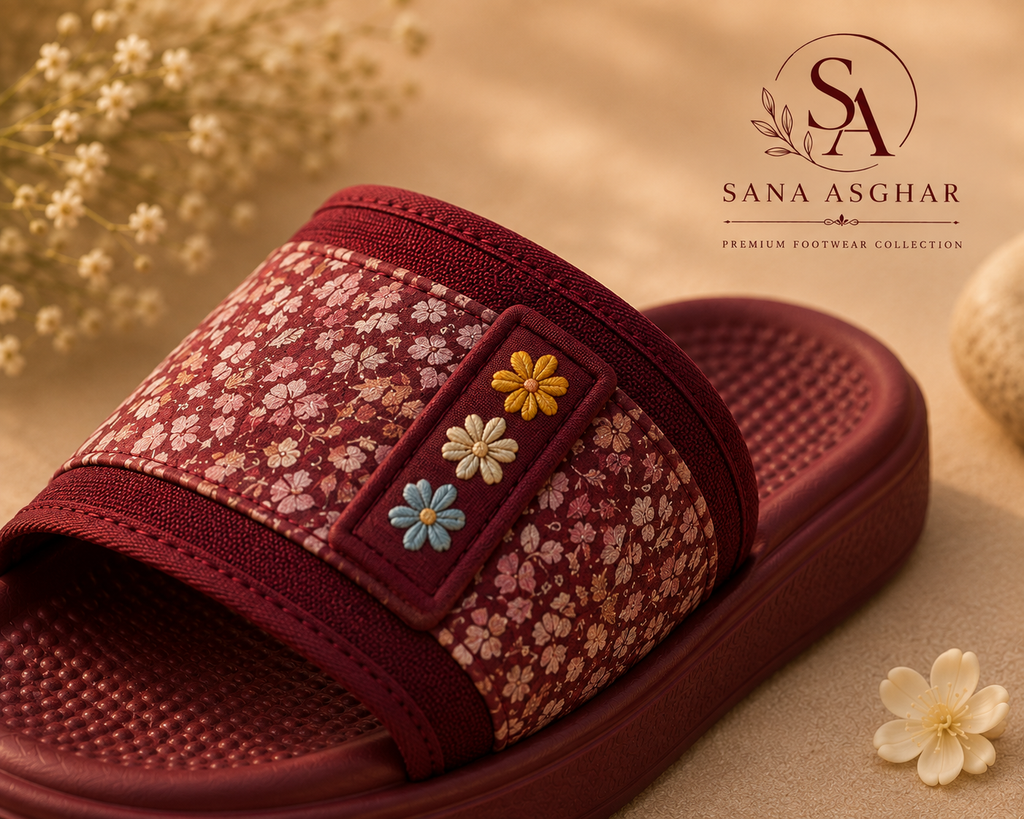 Women's Burgundy Floral Slides | Casual Slippers for Girls Pakistan | SANA ASGHAR