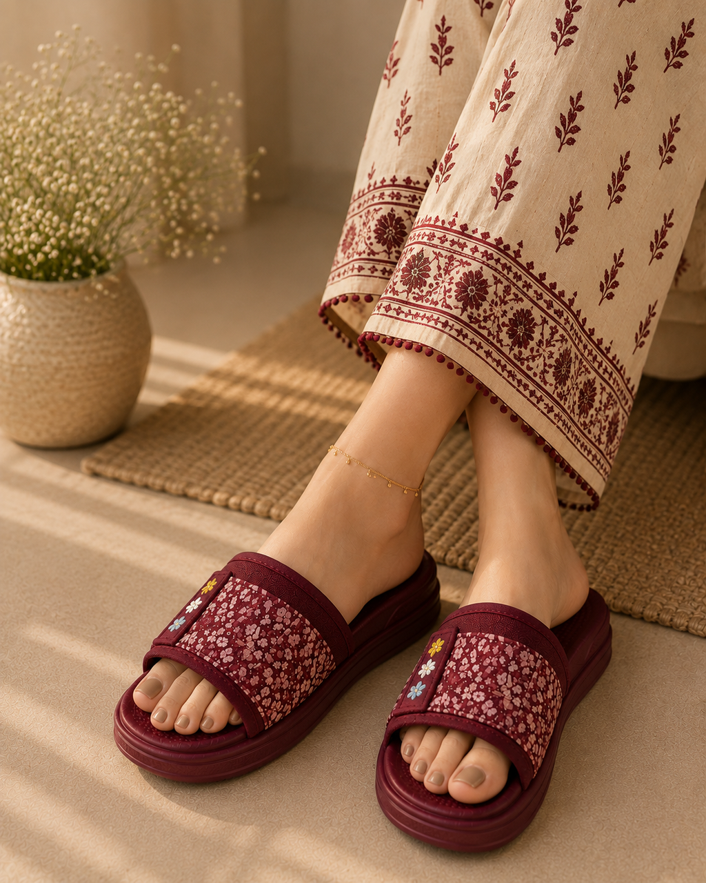 Women's Burgundy Floral Slides | Casual Slippers for Girls Pakistan | SANA ASGHAR
