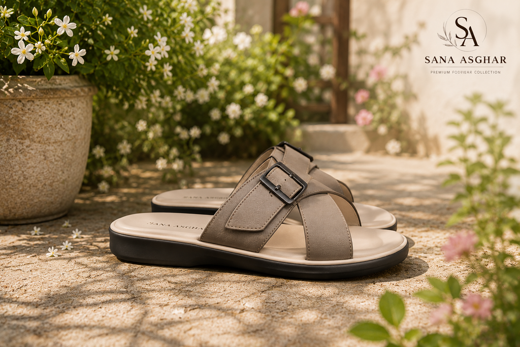 Women's Taupe Cross-Buckle Comfort Slides | Casual Sandals for Women Pakistan | SANA ASGHAR