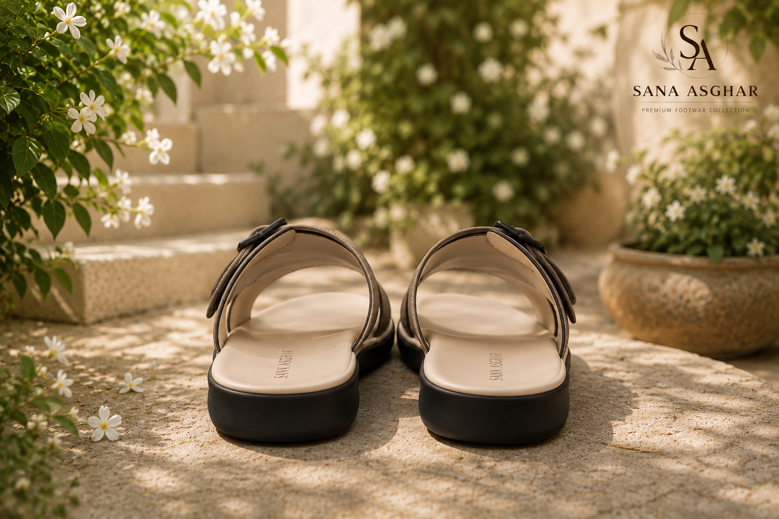 Women's Taupe Cross-Buckle Comfort Slides | Casual Sandals for Women Pakistan | SANA ASGHAR