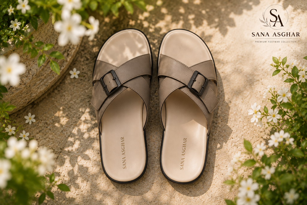 Women's Taupe Cross-Buckle Comfort Slides | Casual Sandals for Women Pakistan | SANA ASGHAR