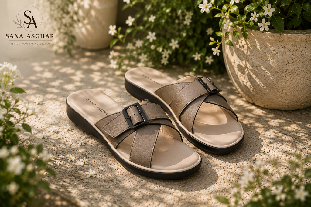 Women's Taupe Cross-Buckle Comfort Slides | Casual Sandals for Women Pakistan | SANA ASGHAR