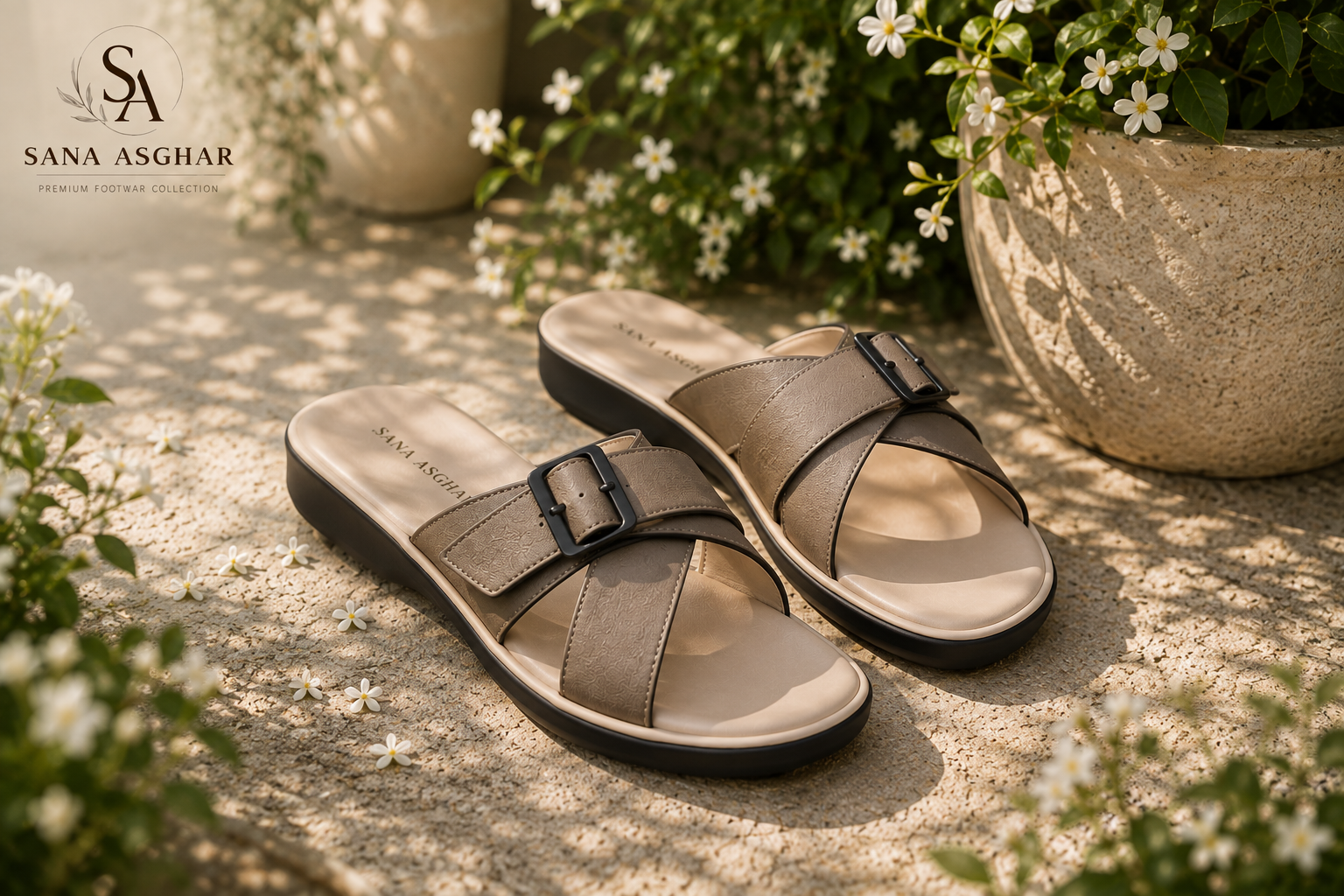 Women's Taupe Cross-Buckle Comfort Slides | Casual Sandals for Women Pakistan | SANA ASGHAR