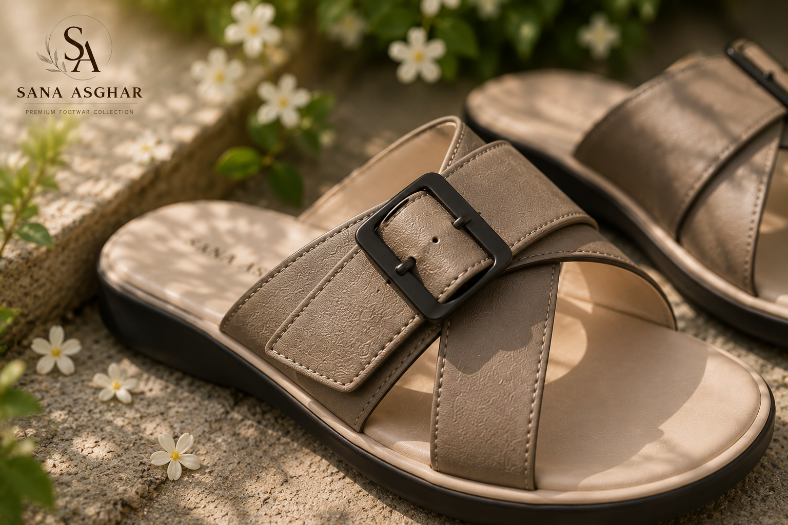 Women's Taupe Cross-Buckle Comfort Slides | Casual Sandals for Women Pakistan | SANA ASGHAR