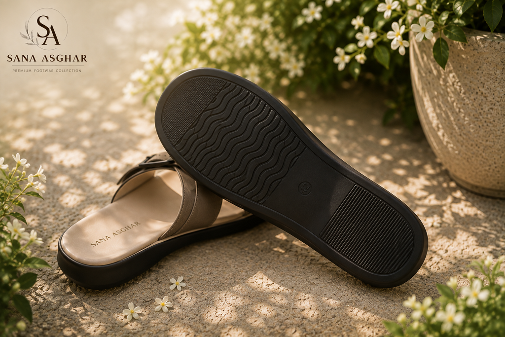 Women's Taupe Cross-Buckle Comfort Slides | Casual Sandals for Women Pakistan | SANA ASGHAR