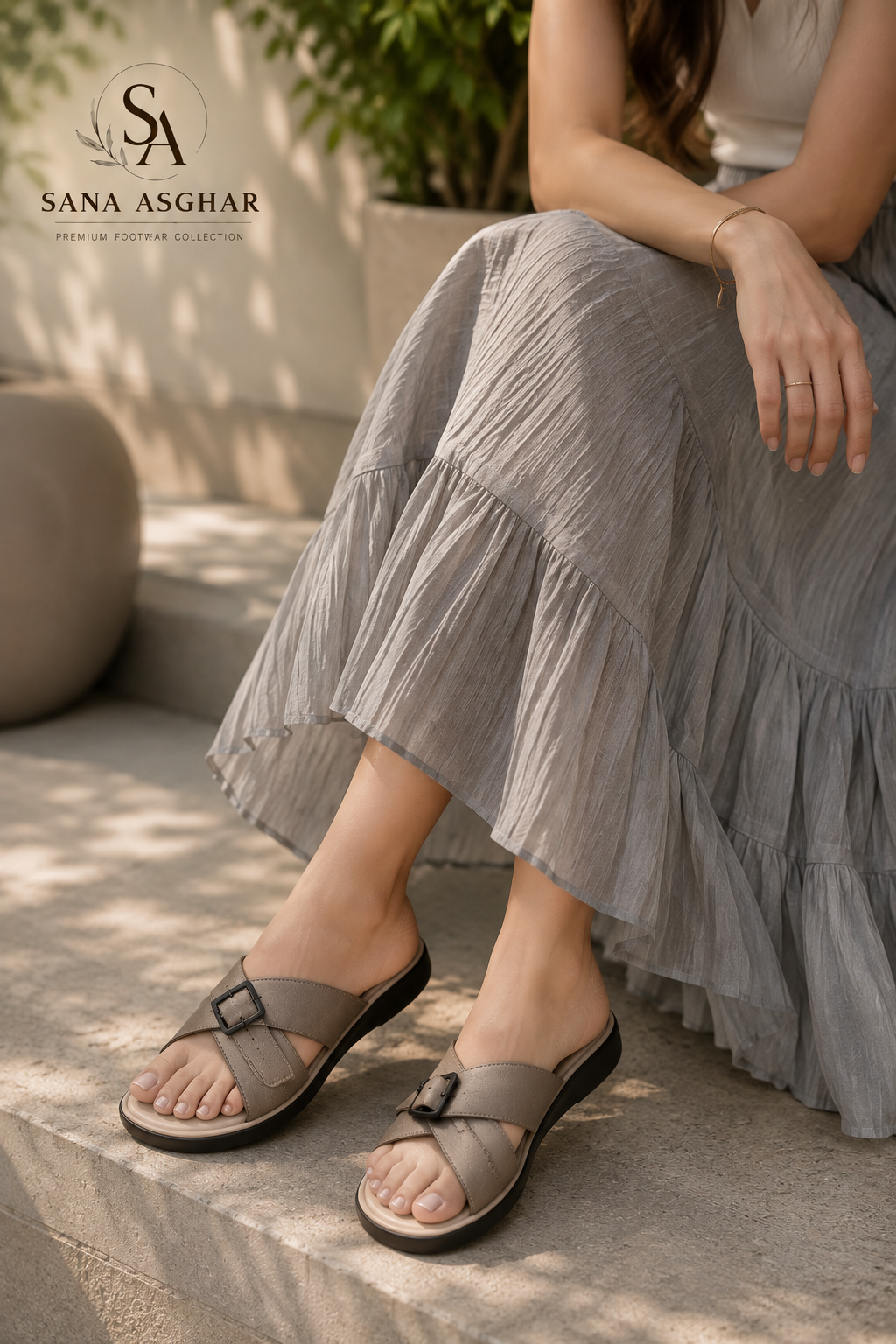 Women's Taupe Cross-Buckle Comfort Slides | Casual Sandals for Women Pakistan | SANA ASGHAR