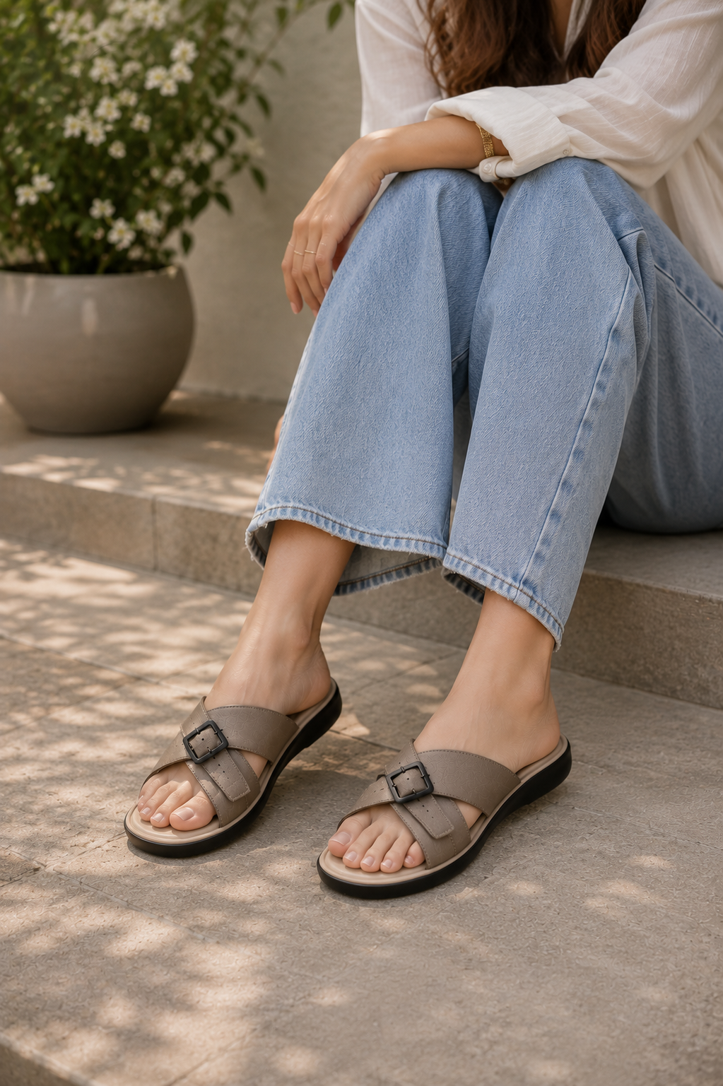 Women's Taupe Cross-Buckle Comfort Slides | Casual Sandals for Women Pakistan | SANA ASGHAR